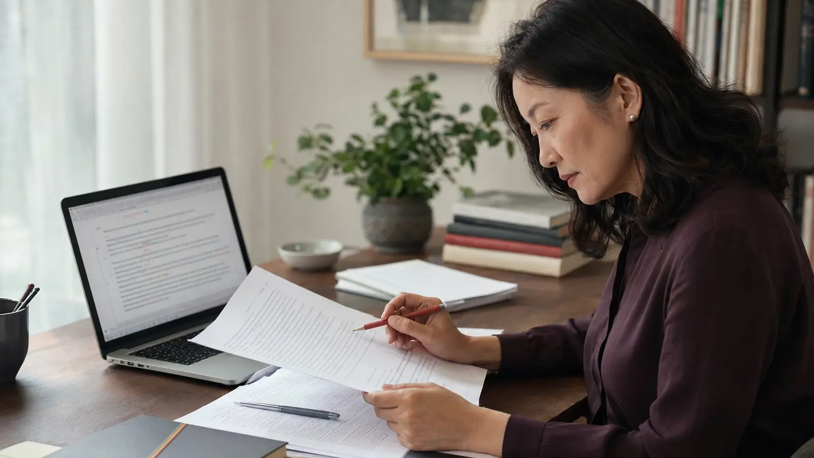Academic editor comparing a scholarly manuscript with tracked changes on a laptop