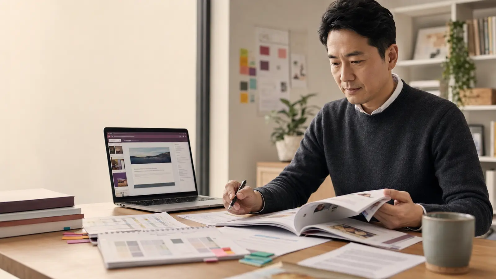 Education content editor reviewing a workbook and digital course materials