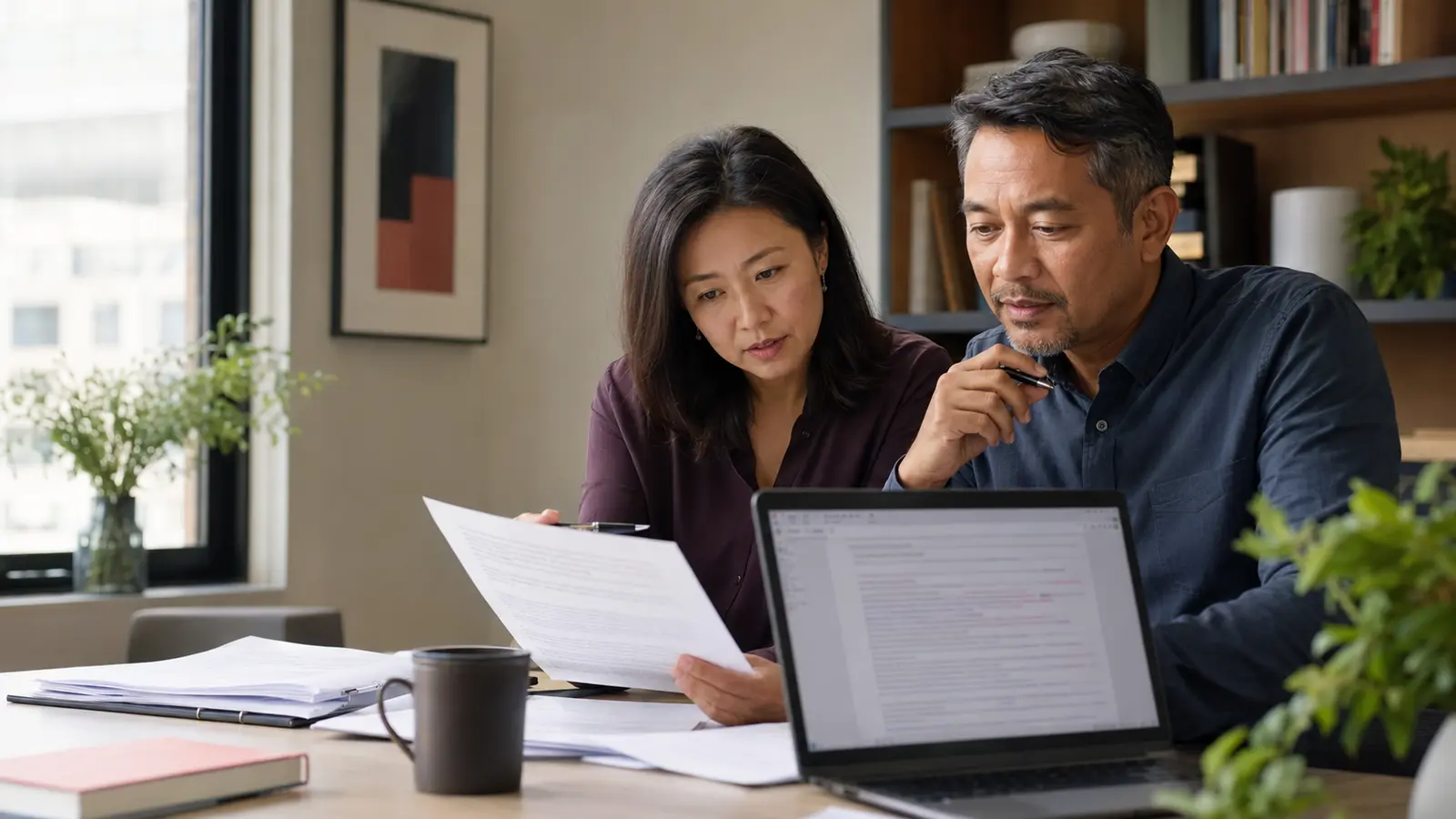 Two language professionals comparing a printed manuscript with tracked changes on a laptop