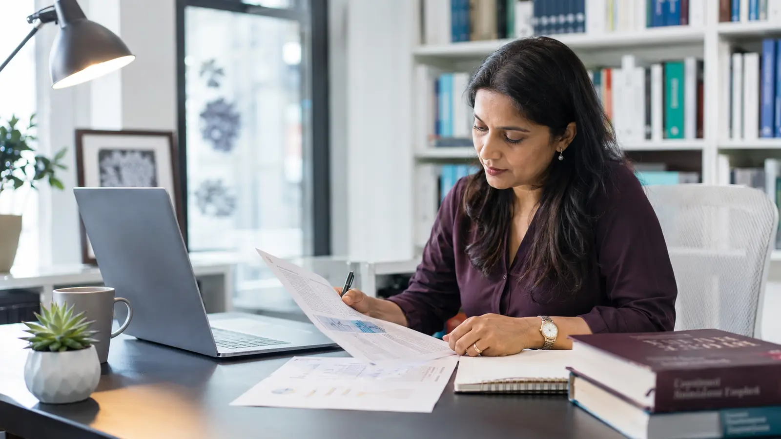 Medical language editor reviewing terminology and a biomedical manuscript
